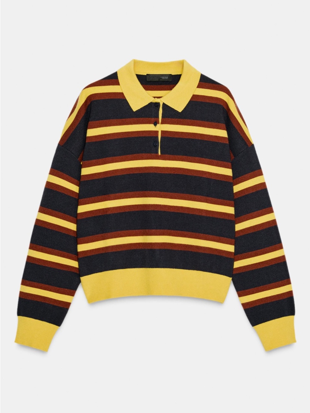Zara Women’s Striped Crewneck Polo Sweater in Yellow, Navy & Brown